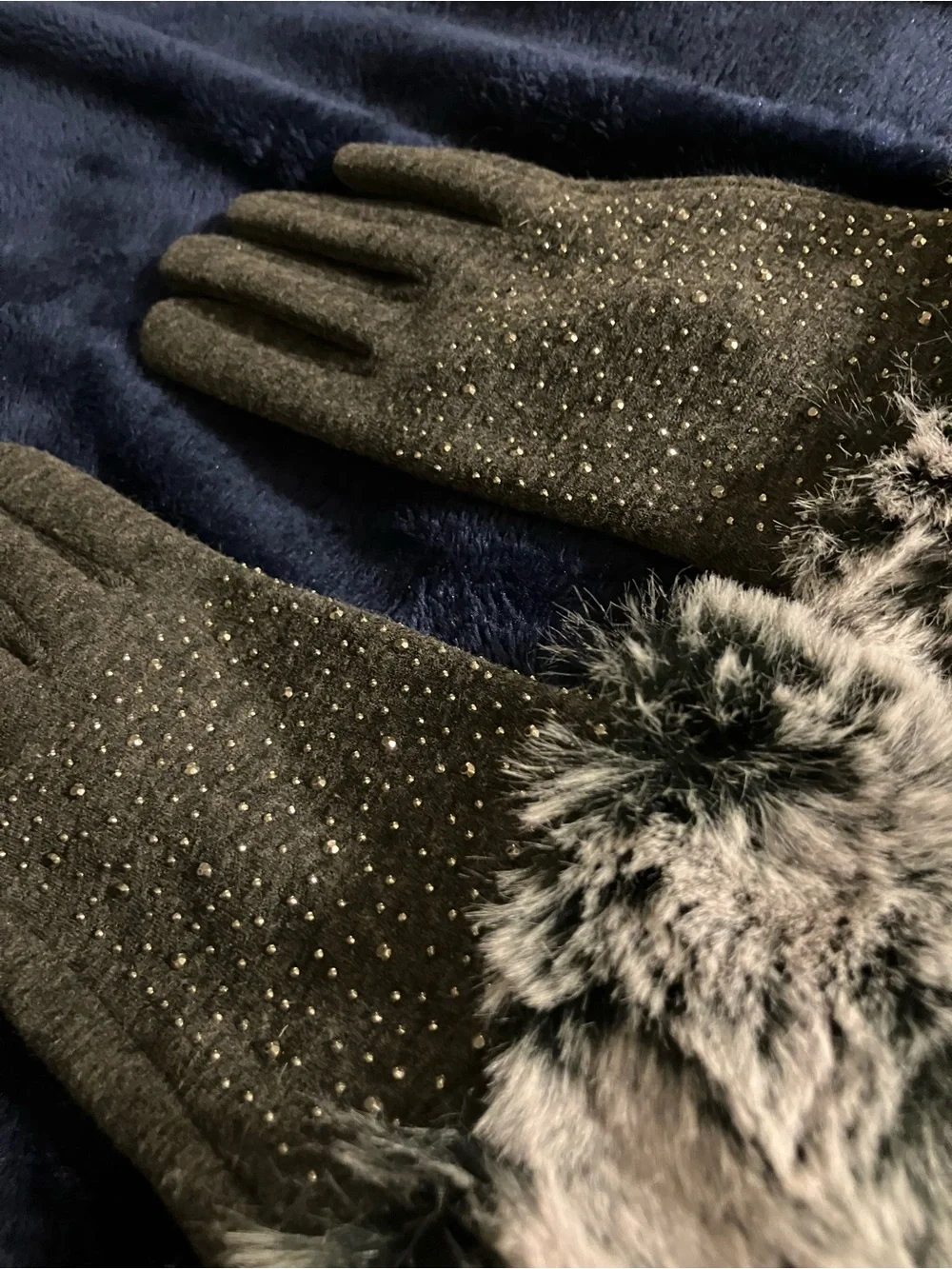 Fur and Rhinestone Winter Gloves